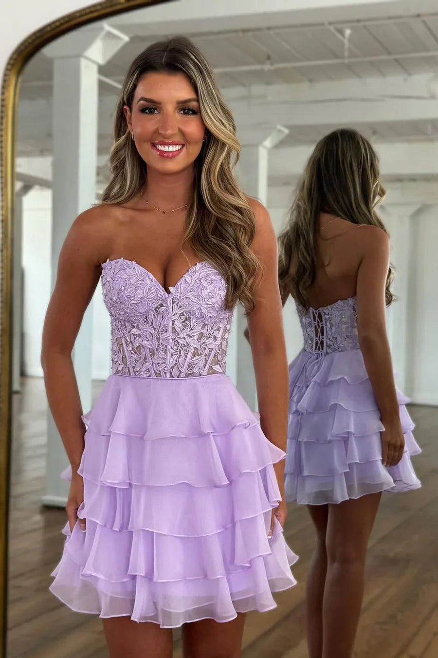 Lilac Lace Short Hoco Dress Sweetheart Ruffles Chiffon