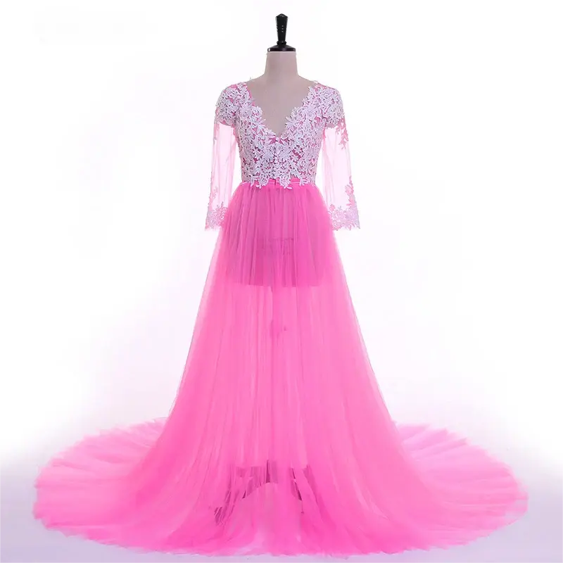 Lace Sleeves Lace Pink Maternity Dresses for Photoshoot Tulle Skirt