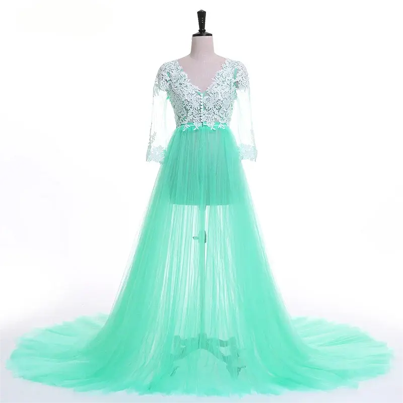 Lace Sleeves Lace Pink Maternity Dresses for Photoshoot Tulle Skirt