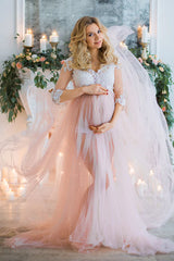 Lace Sleeves Pink Maternity Wedding Dresses for Photoshoot Tulle Skirt