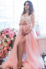 Lace Sleeves Pink Maternity Wedding Dresses for Photoshoot Tulle Skirt
