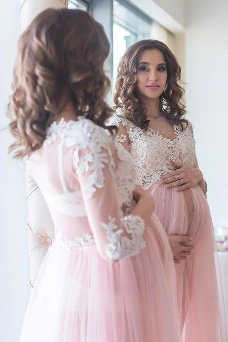 Lace Sleeves Lace Pink Maternity Dresses for Photoshoot Tulle Skirt