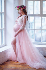 Lace Sleeves Pink Maternity Wedding Dresses for Photoshoot Tulle Skirt