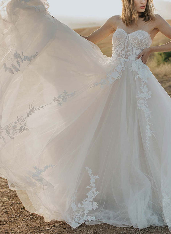 Gorgeous Long Puff Sleeve Beach Tulle Lace Wedding Dresses Mychicdress