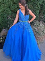 2025 A Line Tulle Lace Prom Dresses Champagne Evening Dress Beading Belt