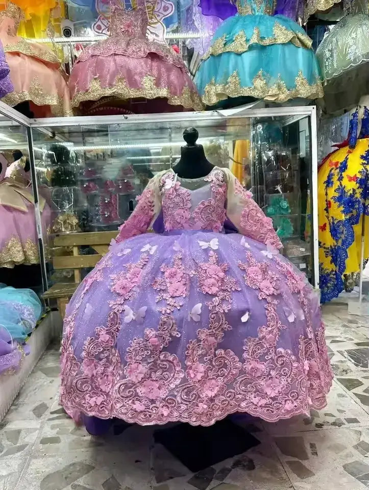Ball Gown Long Sleeve Flower Girl Dress with 3D Floral Butterfly Appliqué