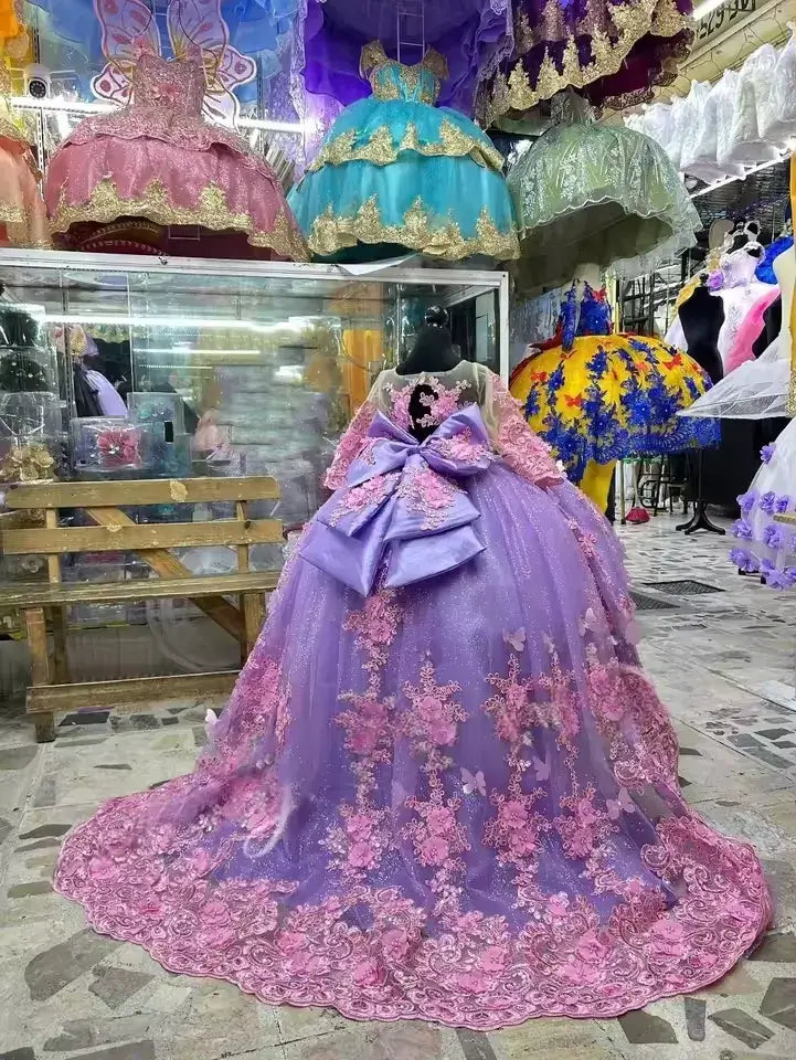 Ball Gown Long Sleeve Flower Girl Dress with 3D Floral Butterfly Appliqué
