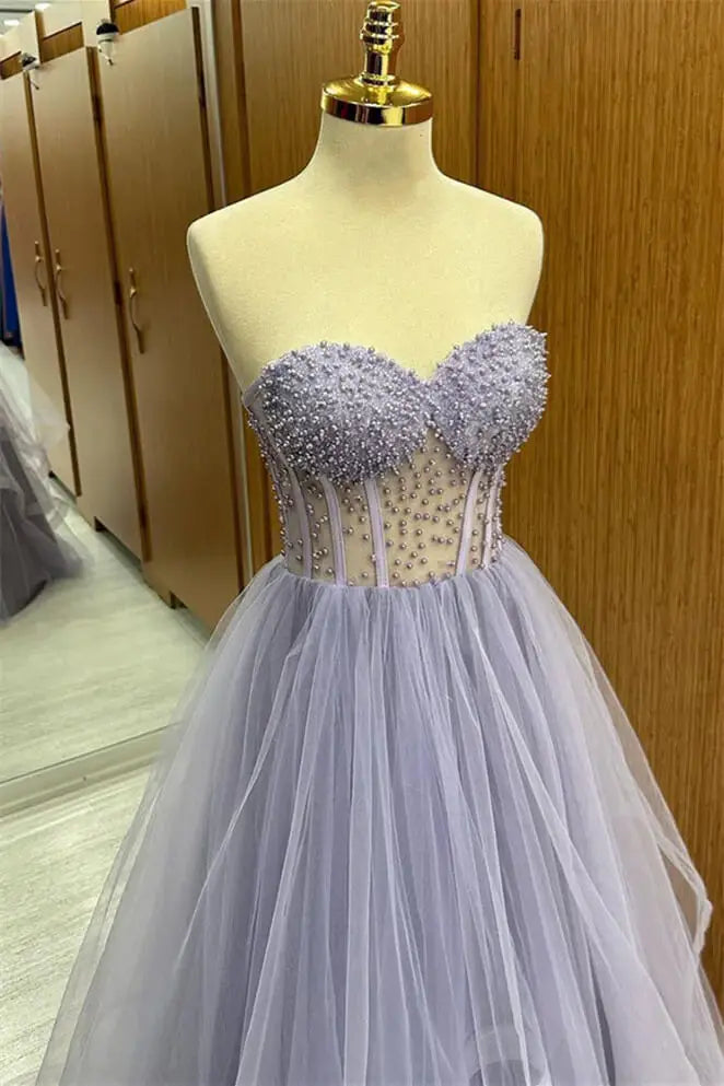 Lavender beaded gown Purple evening gown Lavender Pearls Sheer Prom Dresses Strapless Ruffled Tulle Formal Wear