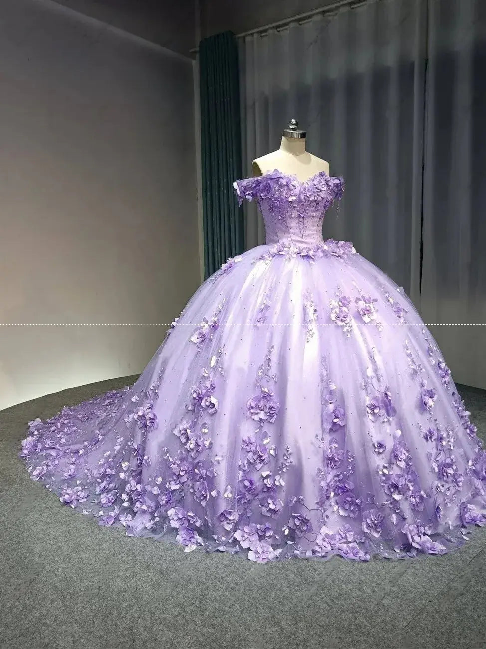 3D Flowers Lavender Quinceanera dresses Off Shoulder Sweet 16 Dress