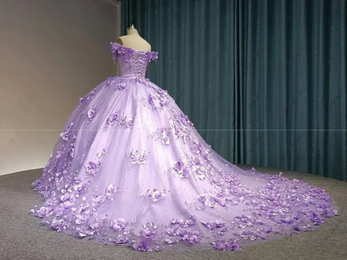 3D Flowers Lavender Quinceanera dresses Off Shoulder Sweet 16 Dress