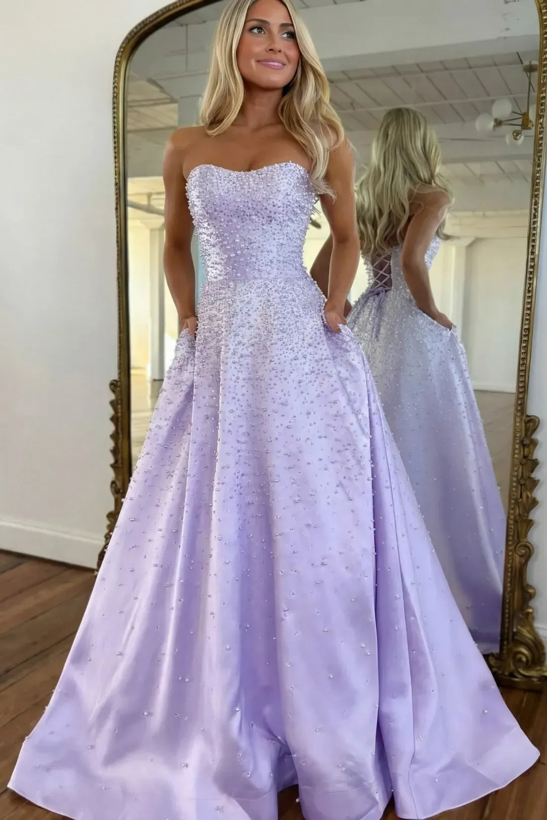Light Blue Strapless Prom Dress Pearls A-line Satin Evening Dress Sweetheart