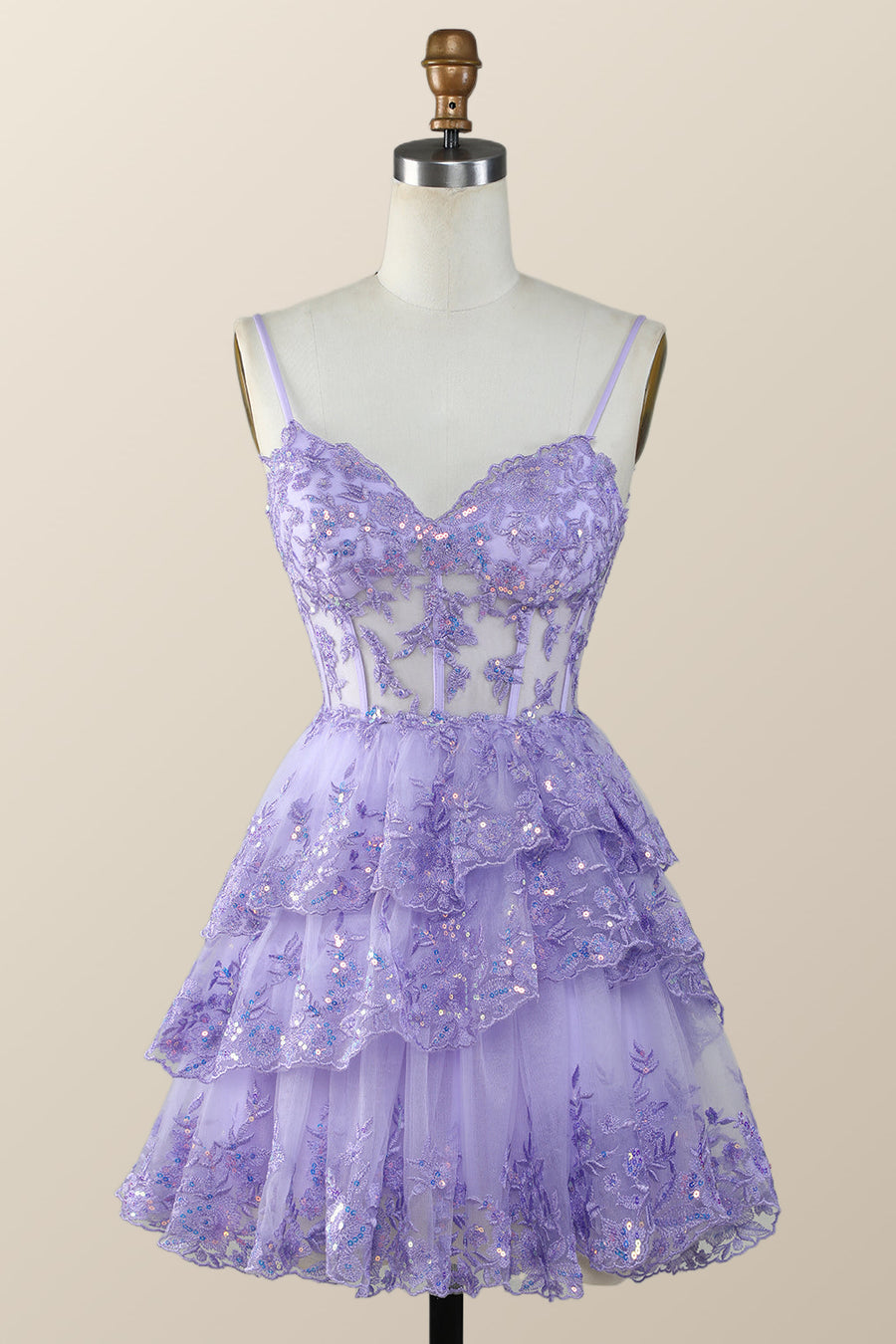 Hot Pink Short Prom Dress Straps Appliques Tiered Homecoming Dress Layered - MyChicDress