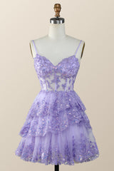 Hot Pink Short Prom Dress Straps Appliques Tiered Homecoming Dress Layered - MyChicDress