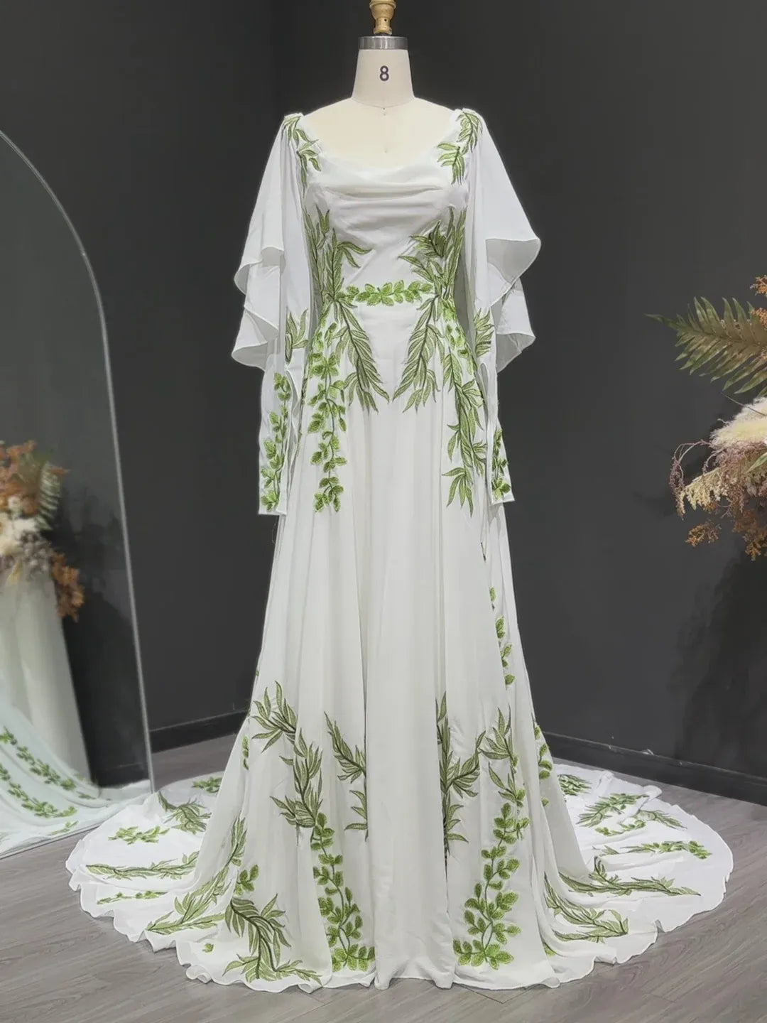 White Green Leaf Lace Embroidery Boho Forest Wedding Dress Chiffon Cowl Neck
