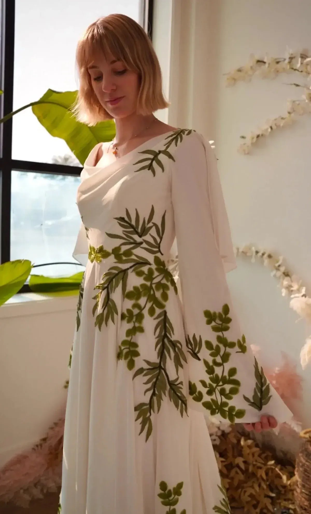 White Green Leaf Lace Embroidery Boho Forest Wedding Dress Chiffon Cowl Neck