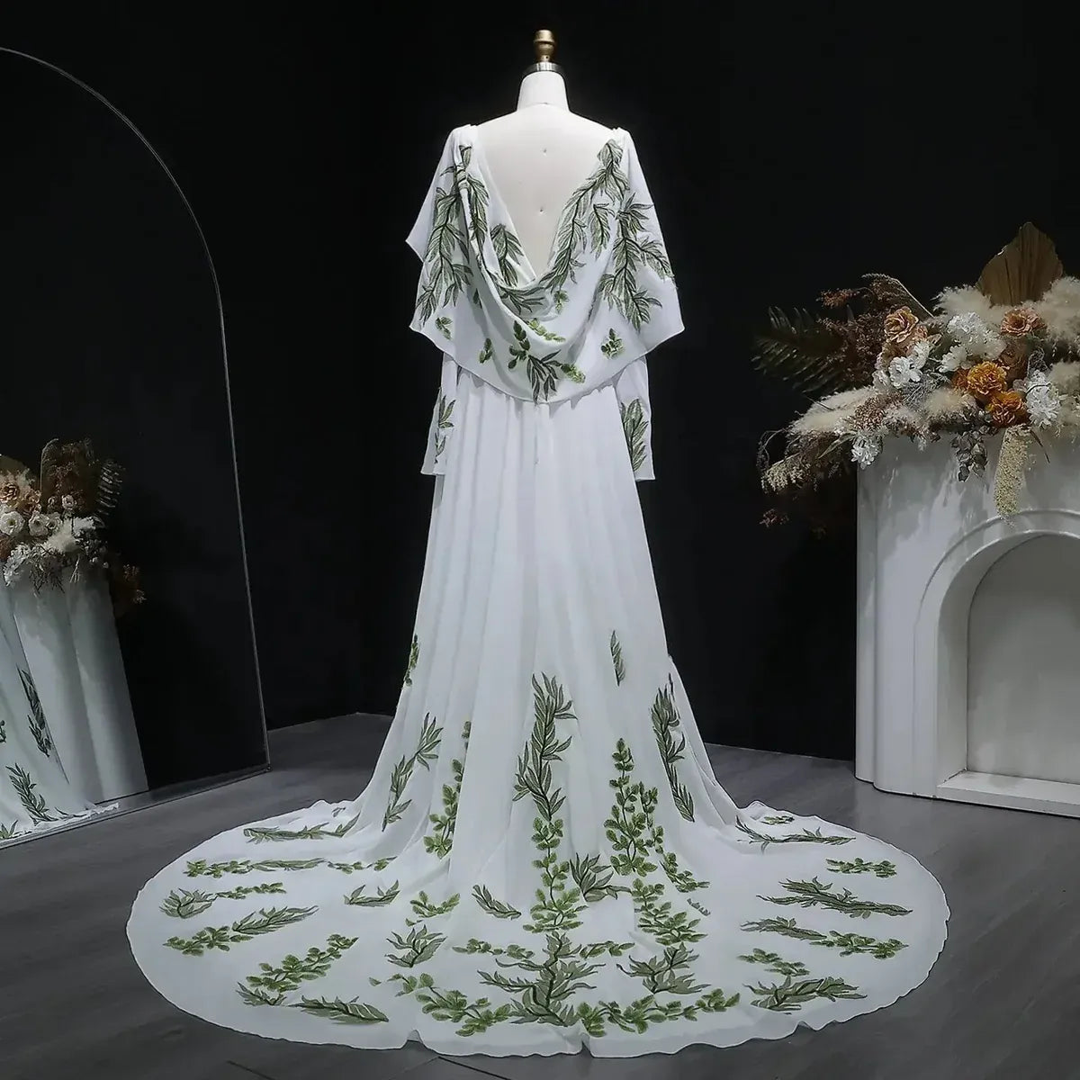 White Green Leaf Lace Embroidery Boho Forest Wedding Dress Chiffon Cowl Neck