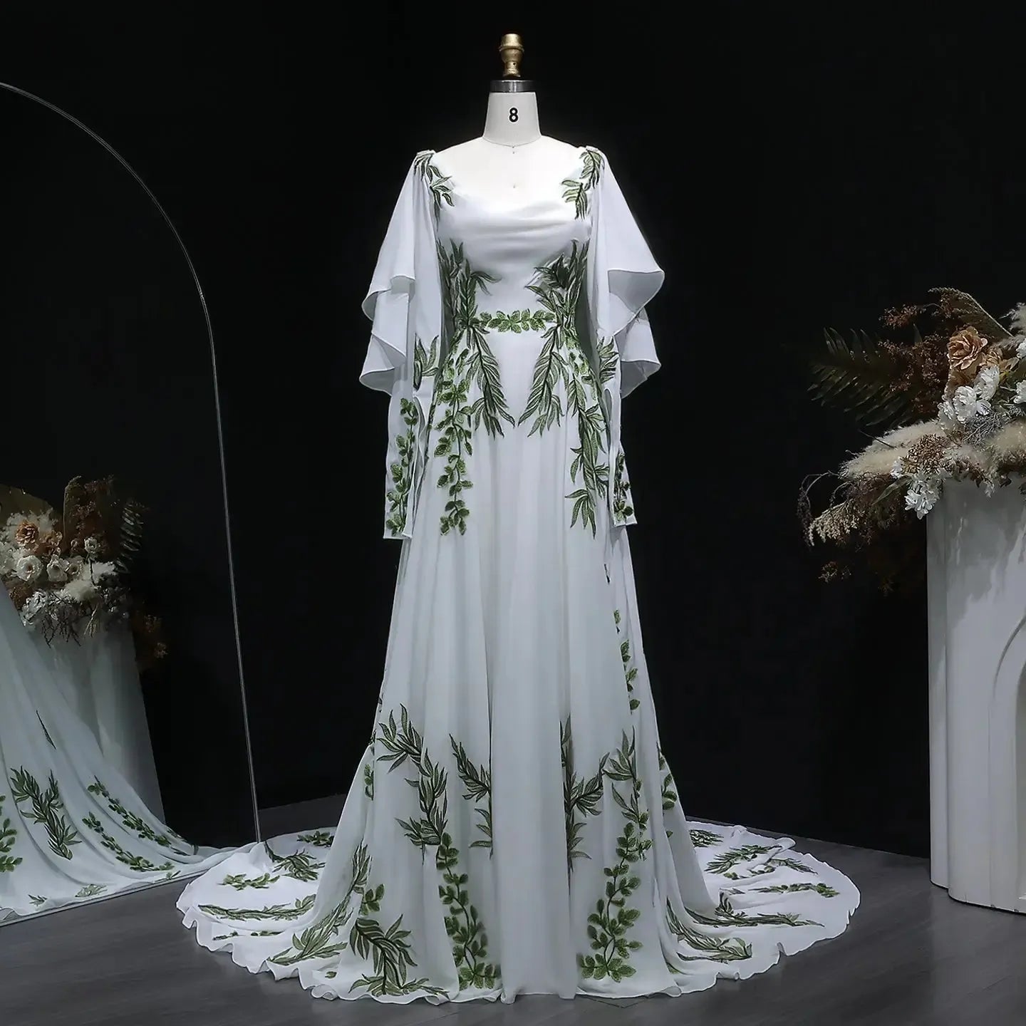 White Green Leaf Lace Embroidery Boho Forest Wedding Dress Chiffon Cowl Neck