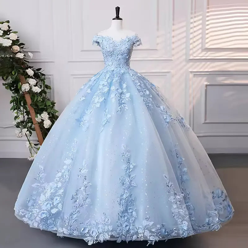Light Blue Floral Quinceanera Dresses Customized Quince Dress off Shoulder