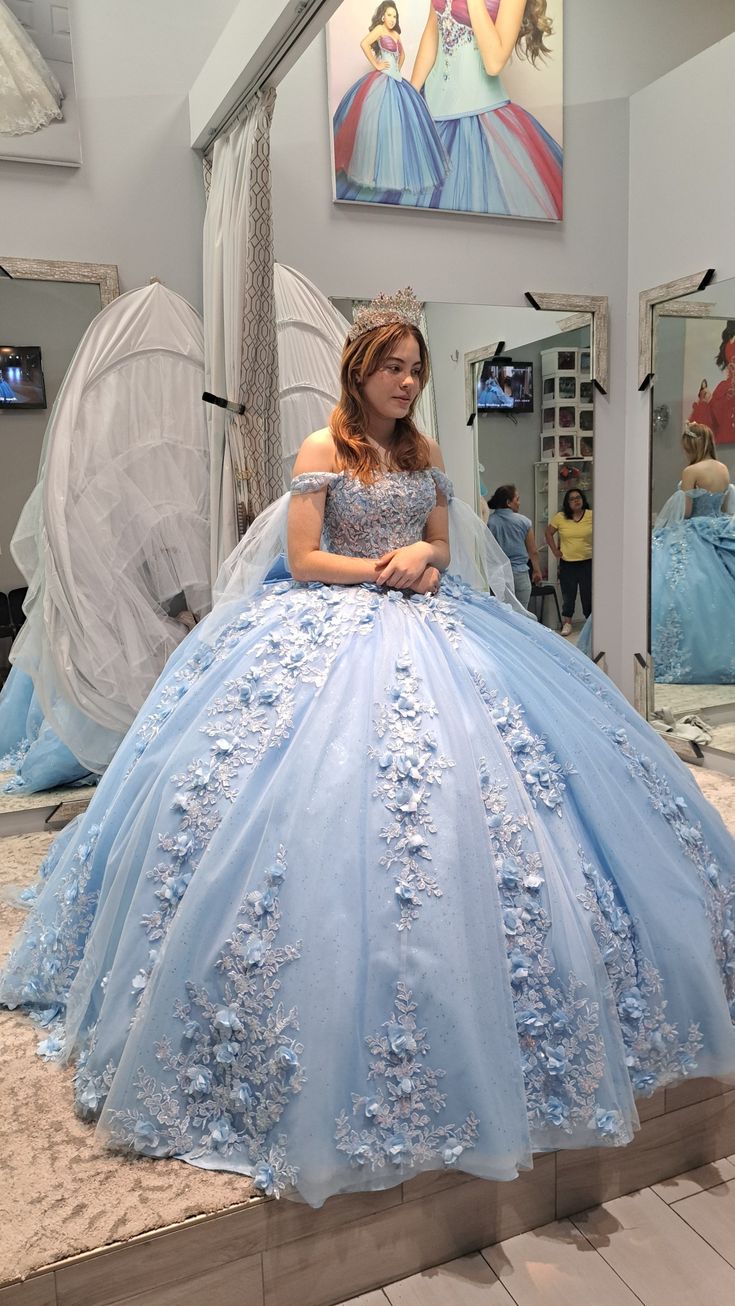 Light Blue Lace Quinceanera dress,  3D FLowers Sweet 16 ball gowns