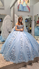 Light Blue Lace Quinceanera dress,  3D FLowers Sweet 16 ball gowns