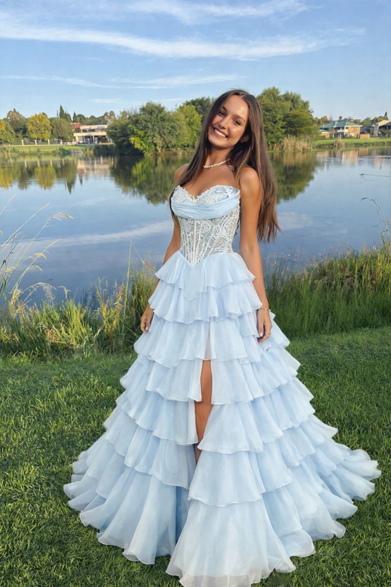 Strapless Lace Red Prom Dresses Corset With Ruffled Appliques