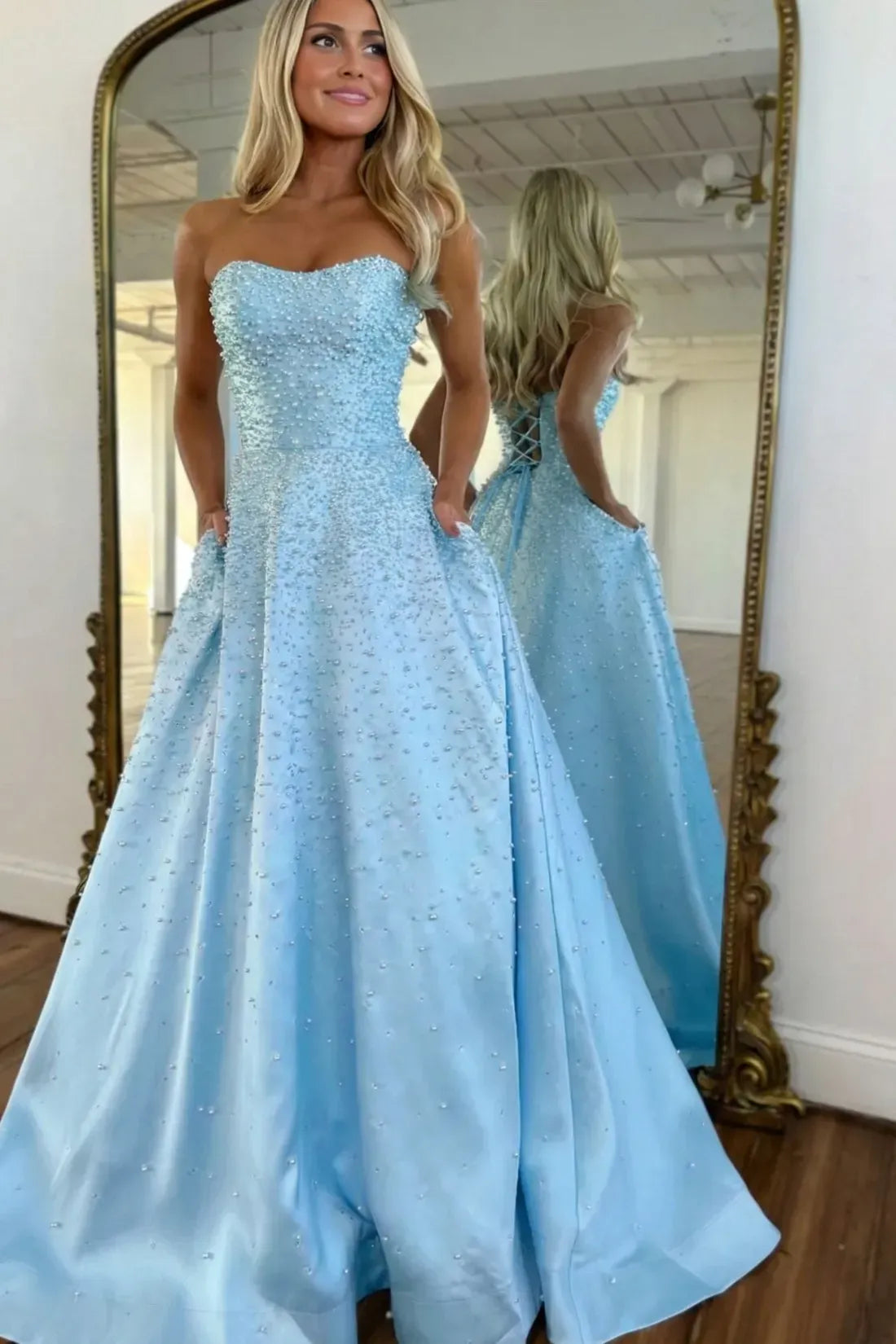 Light Blue Strapless Prom Dress Pearls A-line Satin Evening Dress Sweetheart