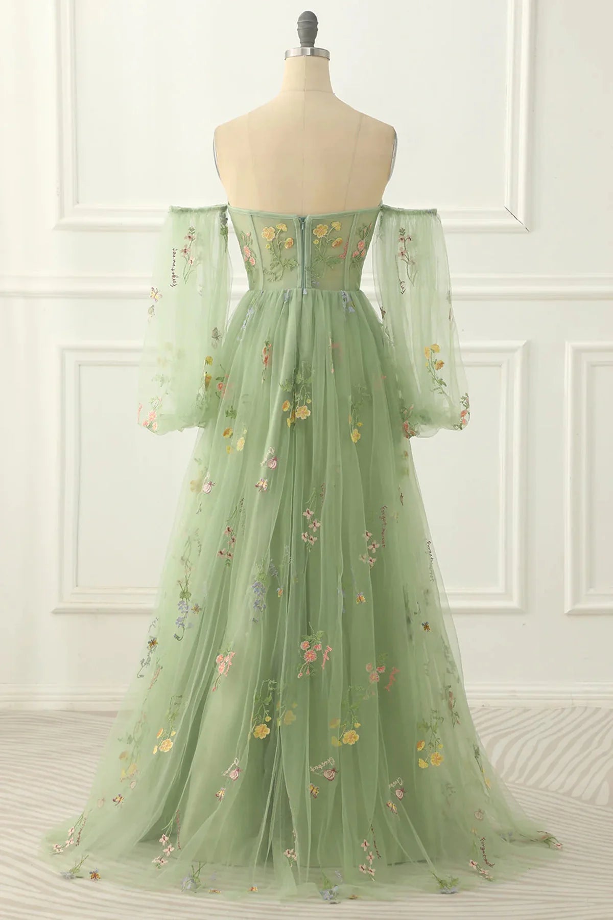 Light Green Floral Garden Wedding Guest Dress Tulle with Sleeves