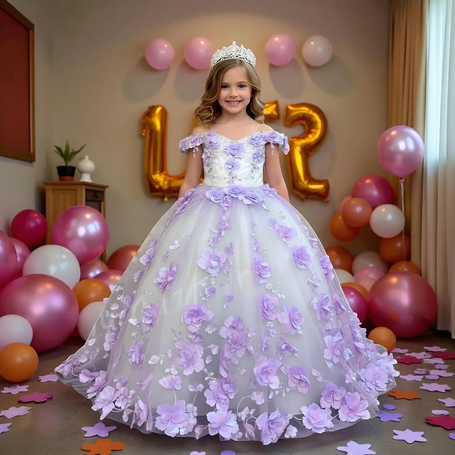 Lilac Mini Quinceanera Gown 3D Floral Appliques Off-the-shoulder