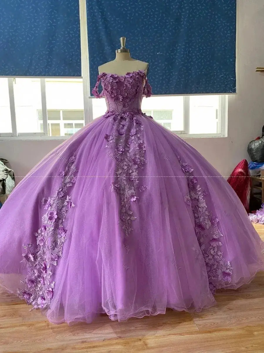 Floor Length Lilac Quinceanera Dresses with Floral Pearls Off the Shoulder