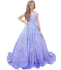 A-Line White Iridescent Sequin Girl Pageant Dress Off-the-Shoulder