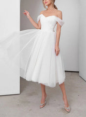 Little White Tulle Beach Wedding Short Dresses Off-The-Shoulder Mychicdress