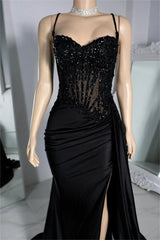 Long Black Evening Dress Sleeveless Pleated Split with Beadings