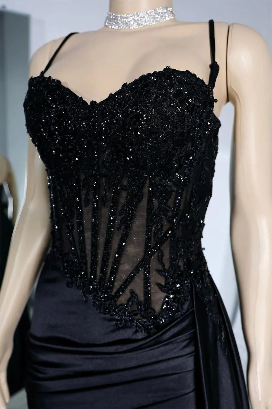 Long Black Evening Dress Sleeveless Pleated Split with Beadings
