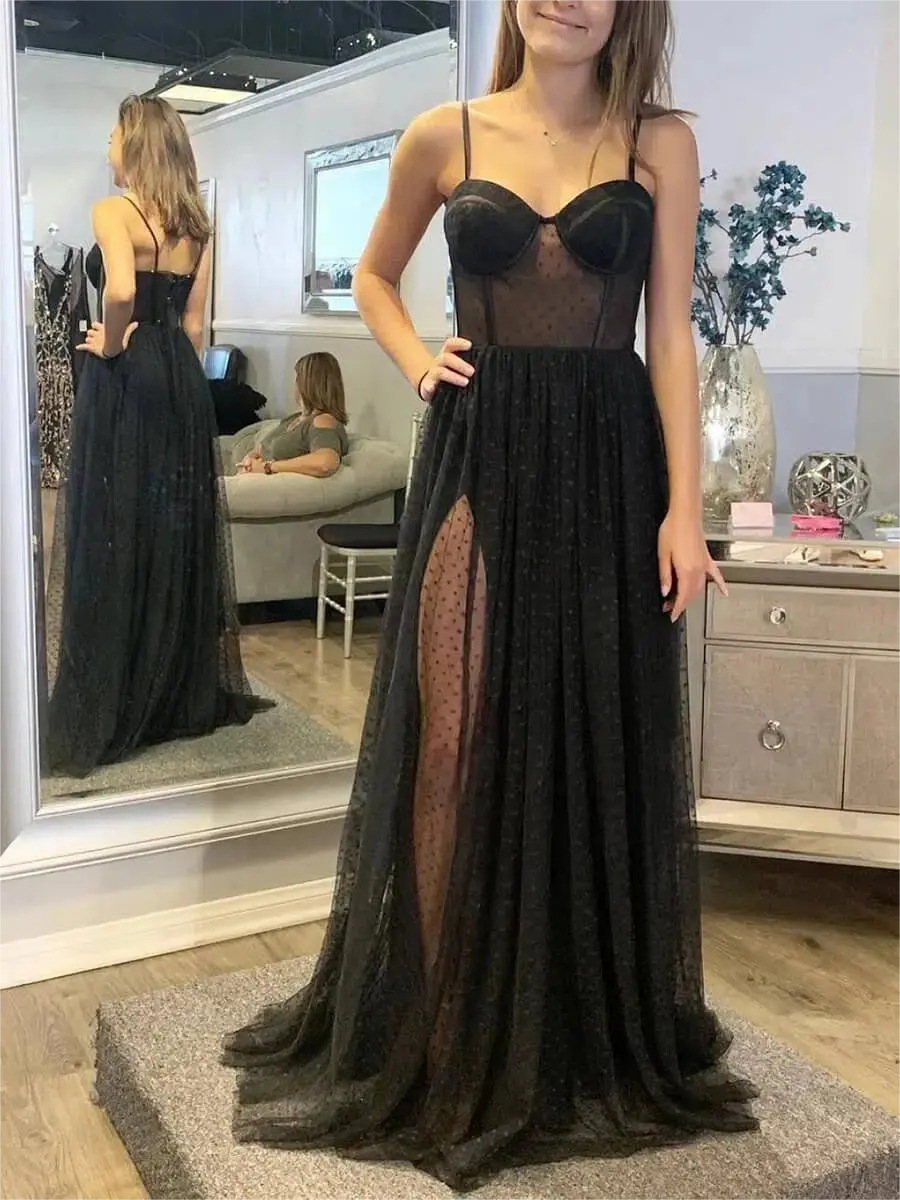Long Black Polka Dot Prom Dresses Corset Tulle spaghetti Straps