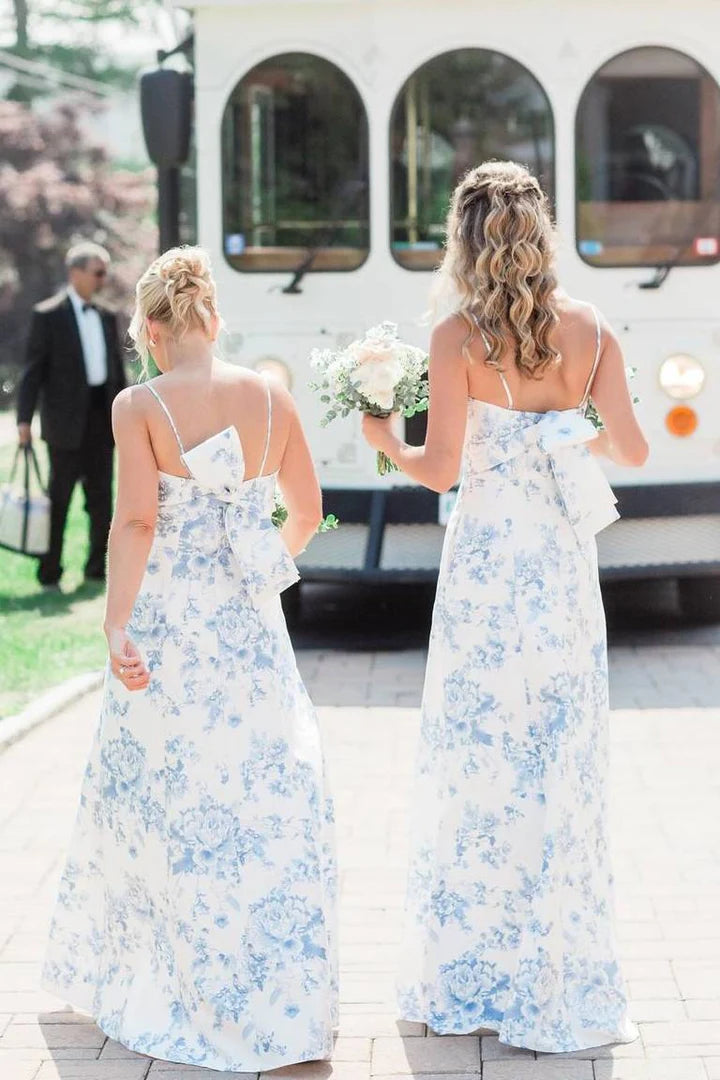 Long Blue Beach Floral Bridesmaid Dress Print Spaghetti Strap with Slit US18W / Blue Long Blue Beach Floral Bridesmaid Dress Print Spaghetti Strap with Slit US18W / Blue