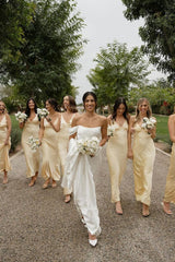 Long Bridesmaid Dress Yellow A Line Sheath Satin Maxi Dress V Neck Mychicdress