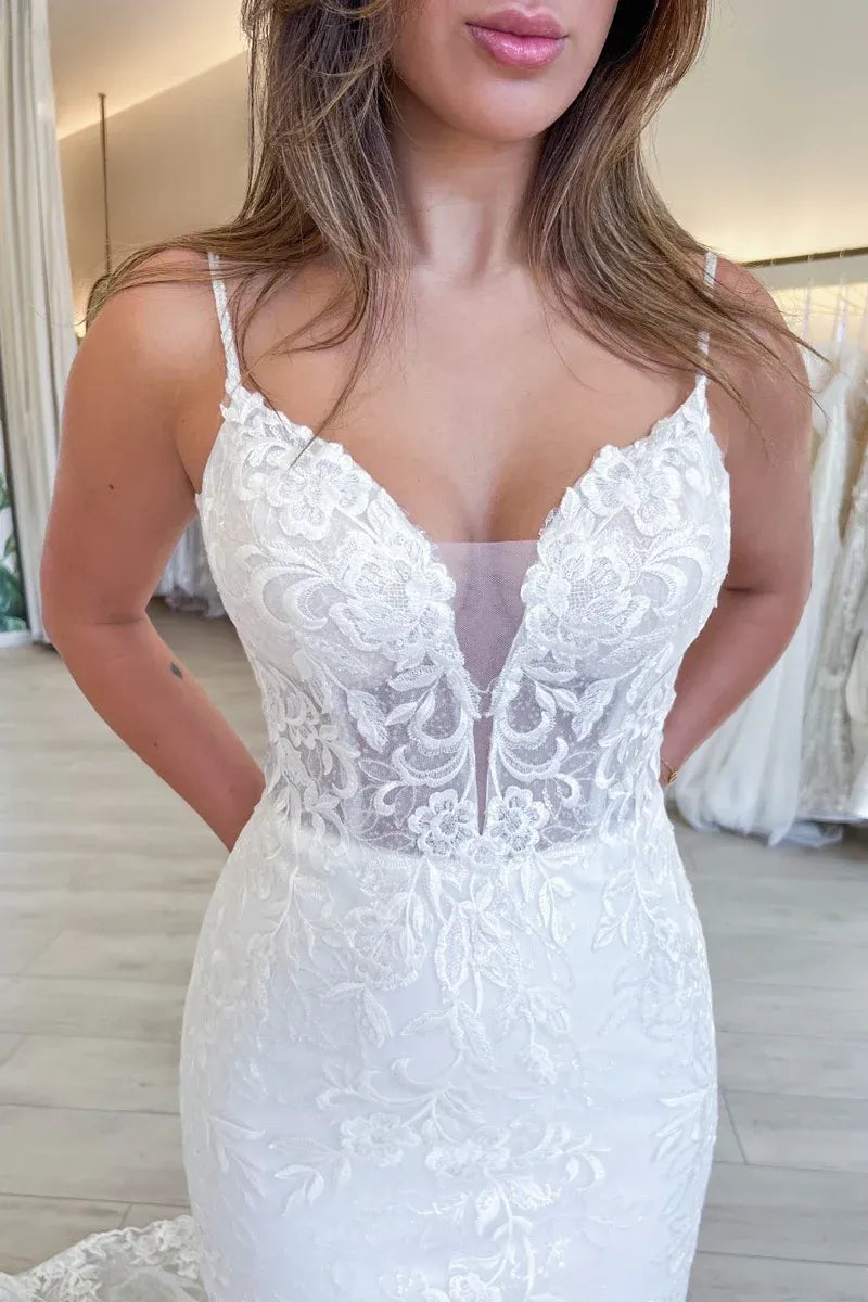 Long Corset Lace Wedding Dresses Mermaid V Neck Backless