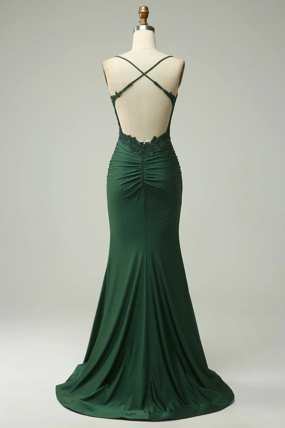 Long green Mermaid Evening Gown with Beaded Appliques