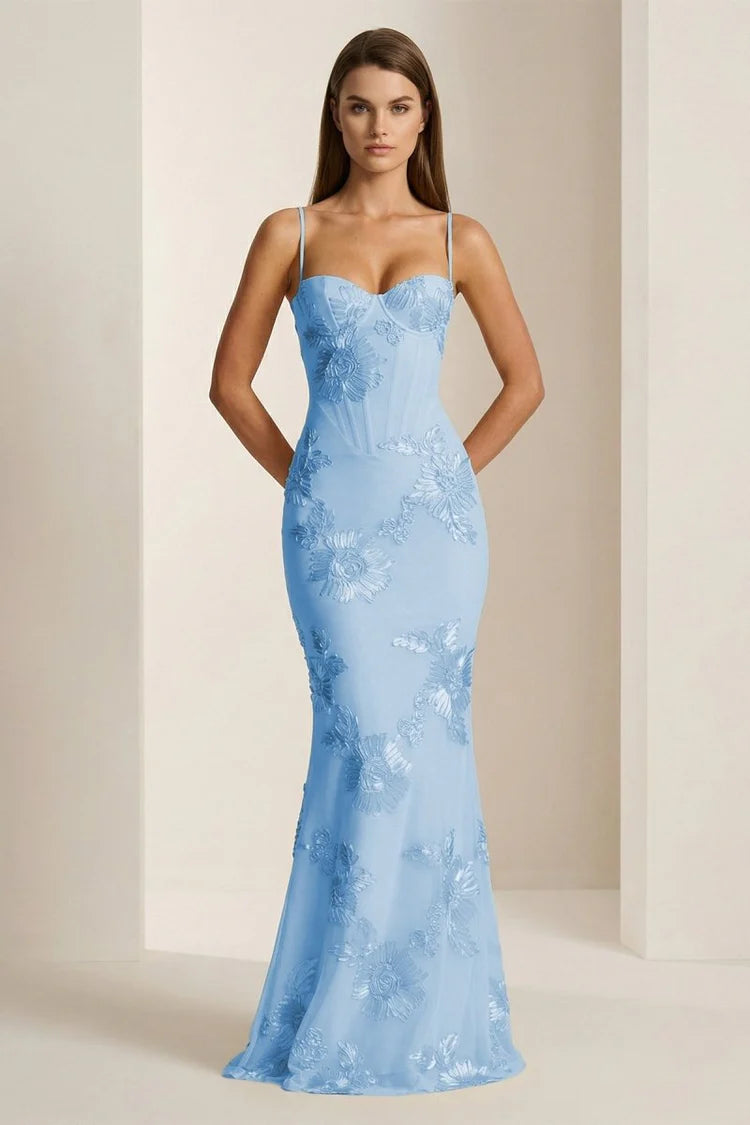 Long Yellow Embroidery Prom Dress Mermaid Evening Gown Spaghetti-straps