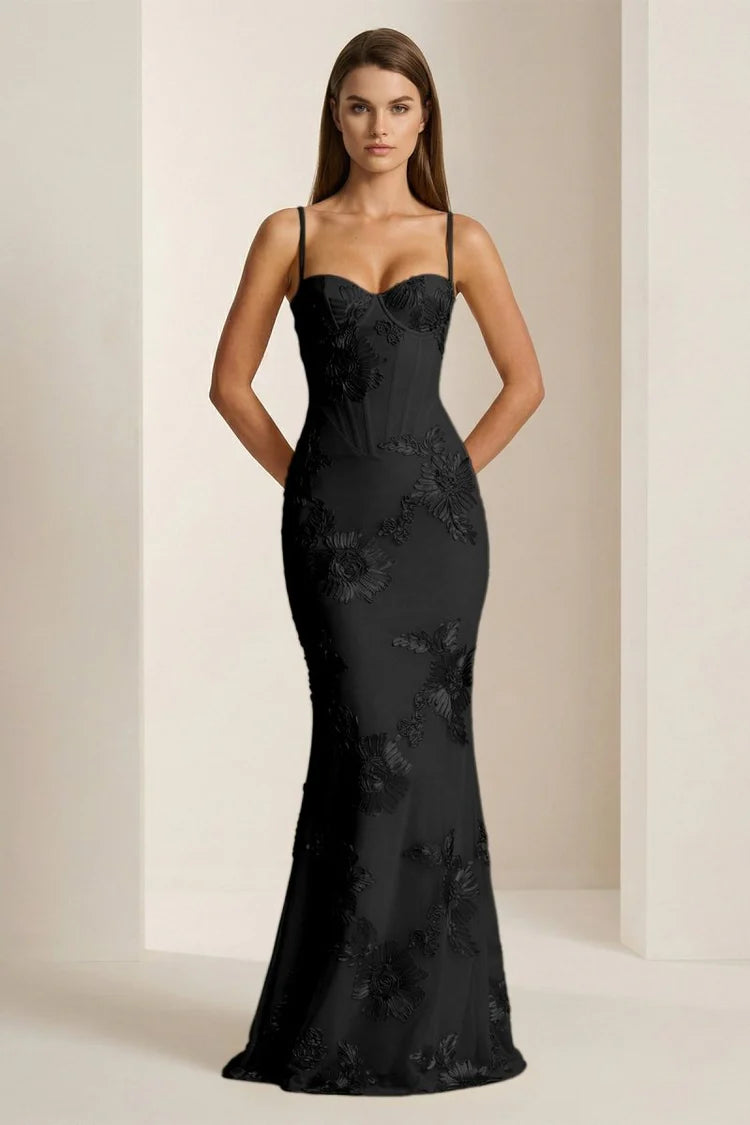 Long Yellow Embroidery Prom Dress Mermaid Evening Gown Spaghetti-straps