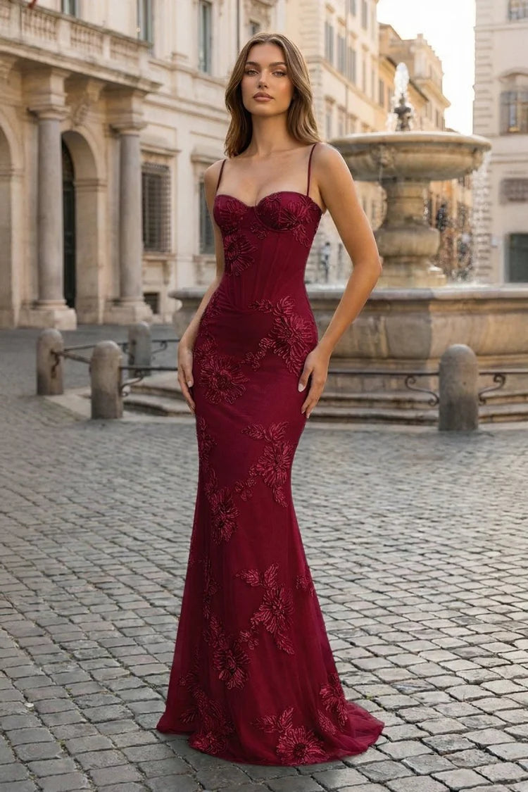 Long Yellow Embroidery Prom Dress Mermaid Evening Gown Spaghetti-straps
