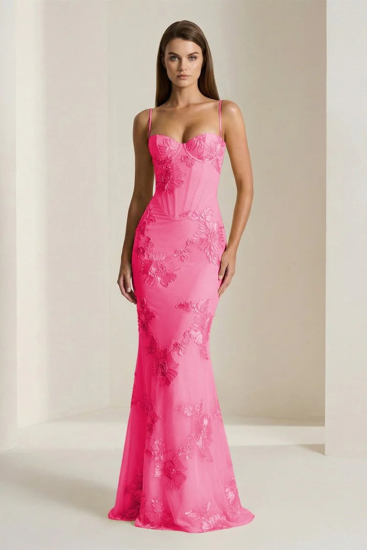 Long Yellow Embroidery Prom Dress Mermaid Evening Gown Spaghetti-straps