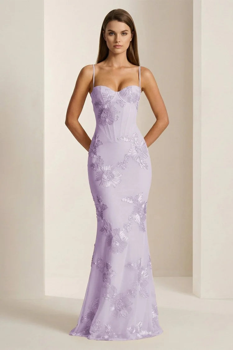 Long Yellow Embroidery Prom Dress Mermaid Evening Gown Spaghetti-straps