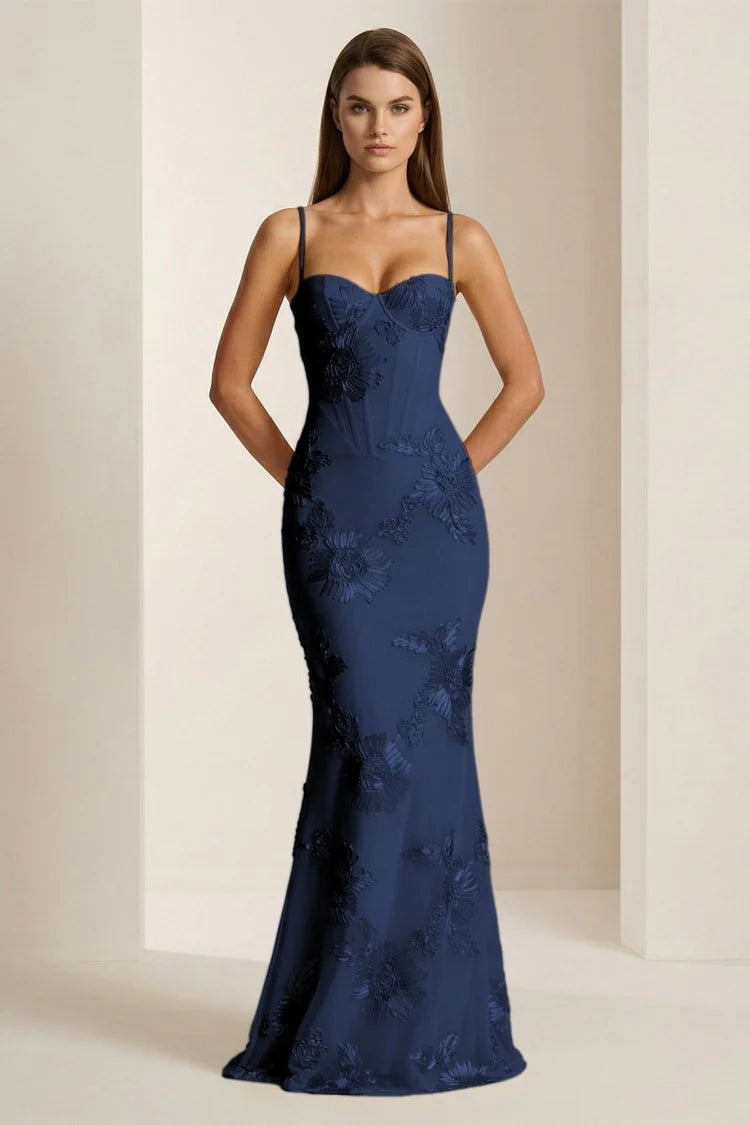 Long Yellow Embroidery Prom Dress Mermaid Evening Gown Spaghetti-straps