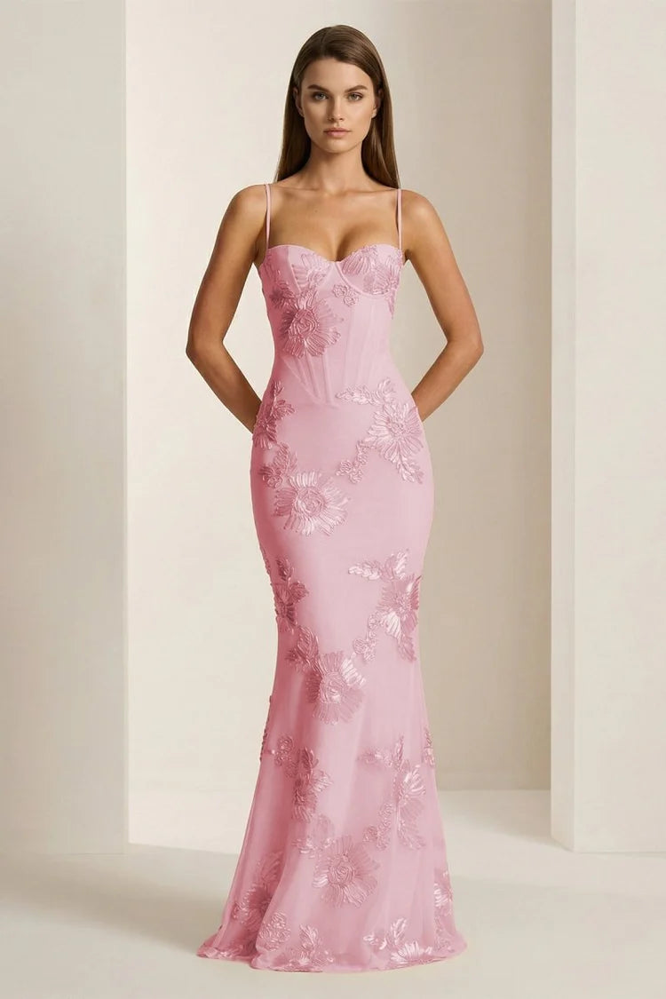 Long Yellow Embroidery Prom Dress Mermaid Evening Gown Spaghetti-straps