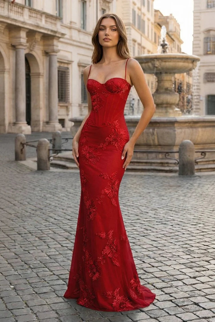 Long Yellow Embroidery Prom Dress Mermaid Evening Gown Spaghetti-straps