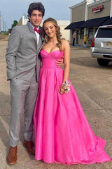 Long Fuchsia Formal Dress Strapless Satin With Pockets