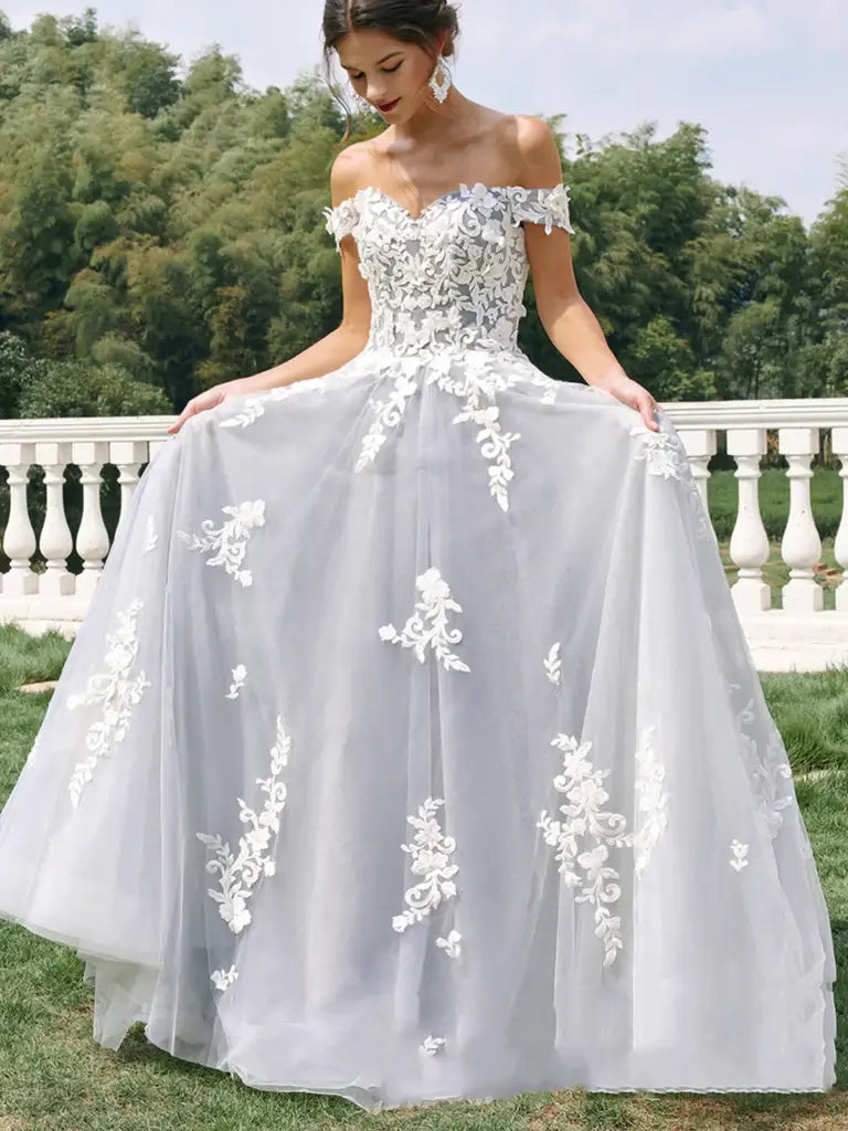 Long Gray Lace Prom Dresses A Line Formal Dresses Off Shoulder