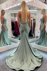 Long Green Formal Dress Mermaid with Lace Spaghetti Straps