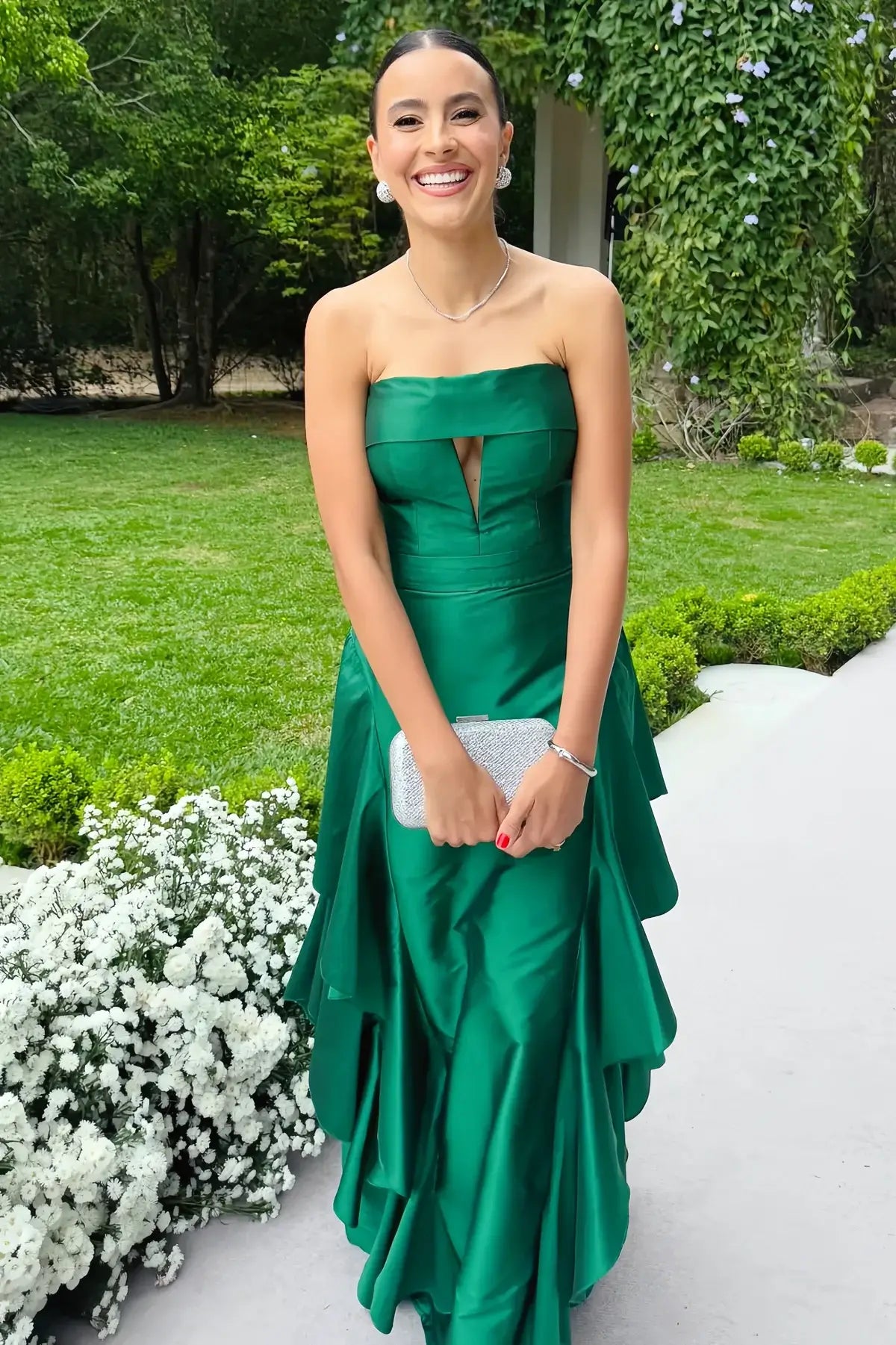 Long Green Strapless Formal Wedding Guest Dress Asymmetric Hem Cut-out